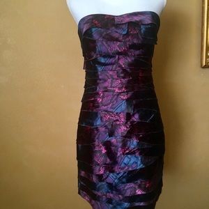 Bebe dark teal, pink , black snakeskin print strapless cocktail dress